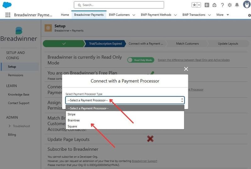 Choosing a Payment Processor in Breadwinner Payments app