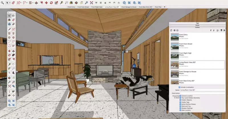 This image highlights the traditional interface of SketchUp, a classic tool in 3D modelling and design, showing a detailed 3D living room model and scene management features. Source: [Desktop Architect SketchUp Review](https://desktoparchitect.com/sketchup-review-feature-analysis)