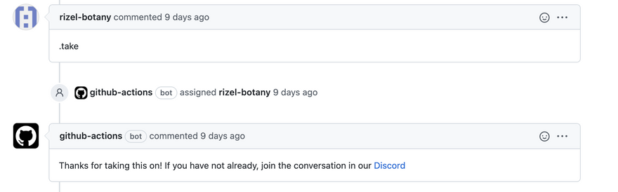 Screenshot of fake user commenting and a GitHub bot responding "Thanks for taking this on"