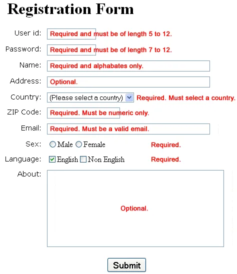 Form validation with regex