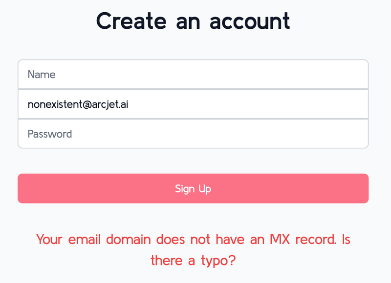Arcjet form no mx record error