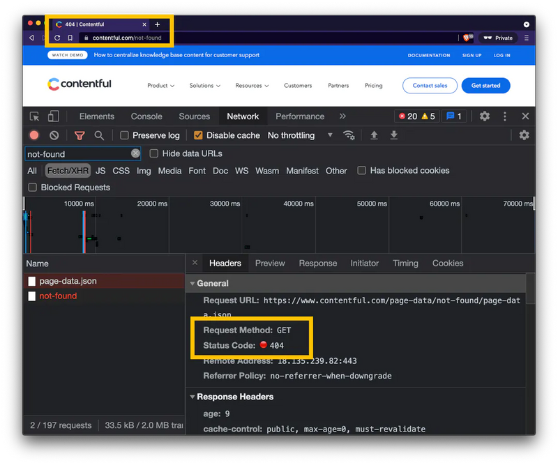 A screenshot of a browser window on a Contentful 404 page. The network tab is open and a yellow rectangle is highlighting the HTTP response status code of 404.