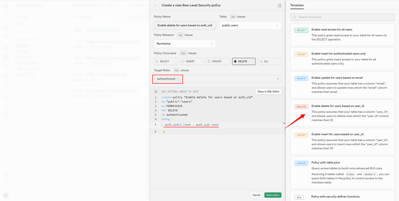 Add delete record policy for all supabase auth users