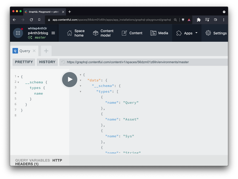 A screenshot of the GraphQL playground showing the result of the schema query made above.