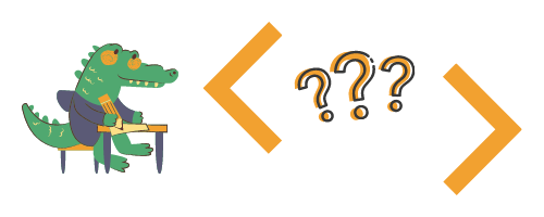 Alligator/crocodile siting at a desk with question marks next to < and > signs