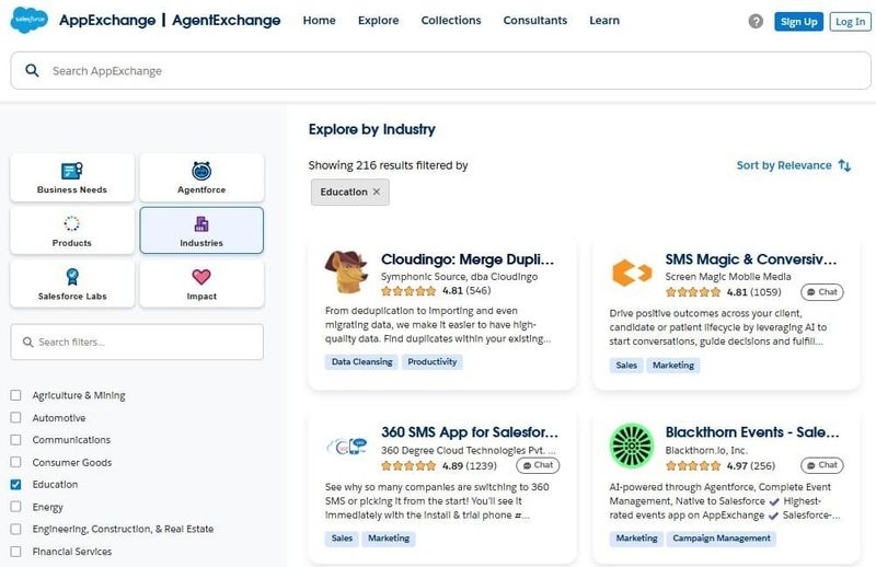 Education industry section on AppExchange