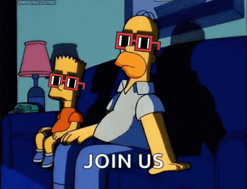 Bart and Homer Simpson sitting on a couch with 3d glasses looking at the tv... Homer is steadily patting his hand on the seat beside him inviting you to join. The words "join us" are at the bottom of the screen.)