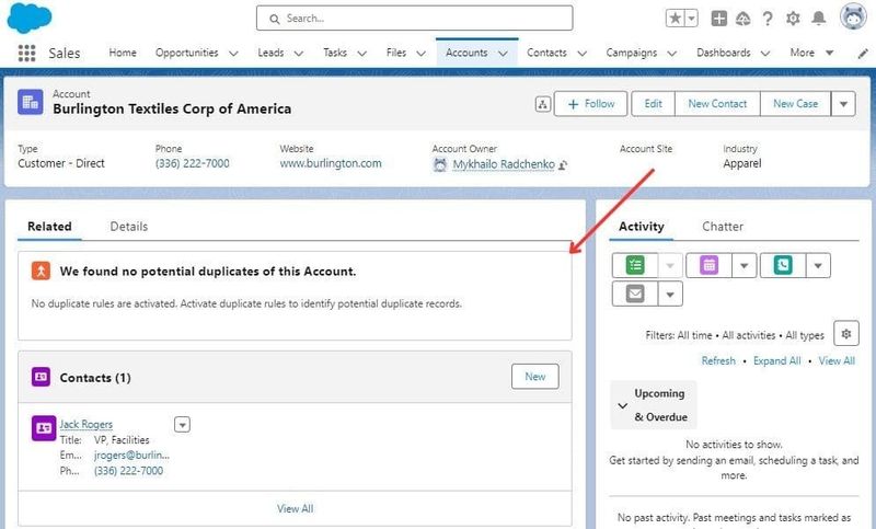 Potential Duplicates Component on Account Page Layout in Salesforce Org