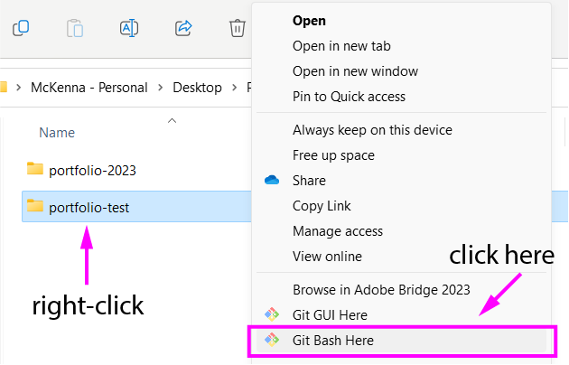 a screenshot of right-clicking on a project folder and selecting "Git Bash here" from the options
