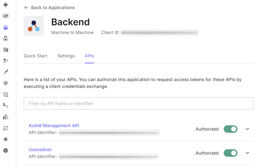 Screenshot of the Auth0 backend application, giving permissions to access the necessary APIs.