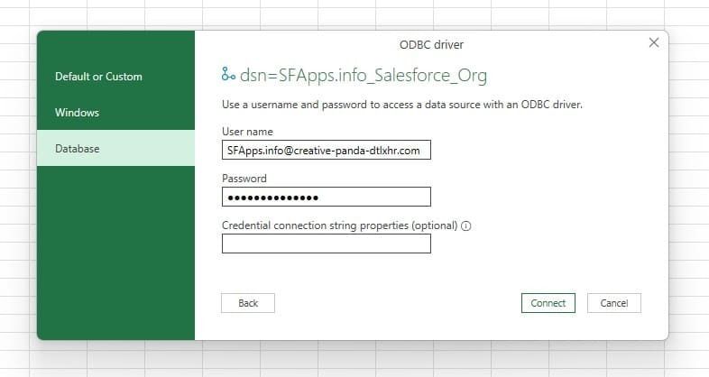 Enter Credentials to Access the Data Source With an ODBC Driver