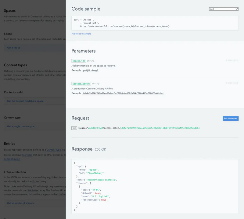A screenshot of the Contentful documentation, showing the code sample for a space GET request, the parameters required for the request, and a sample response.
