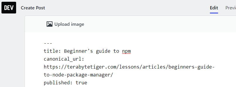 V1 editor for DEV showing a canonical url in the frontmatter