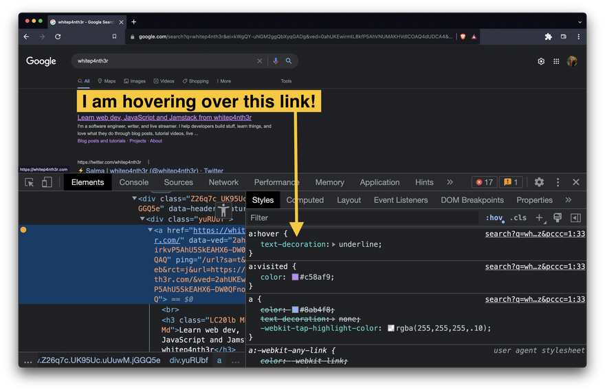 Screenshot of google search results showing I am hovering over the top result, which is adding an underline to the link. Dev tools are open showing the style applied using the hover pseudo class.