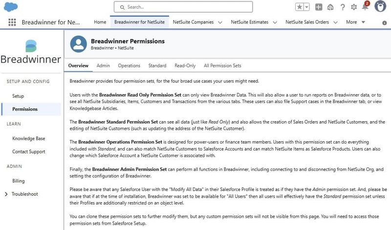 Breadwinner permissions overview in the app