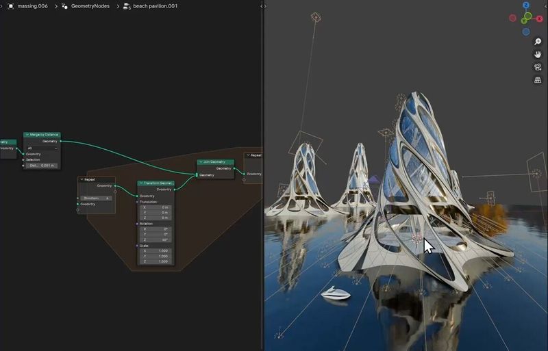 This image showcases a modern computational design workflow in Blender, featuring the use of Geometry Nodes to procedurally generate complex, futuristic pavilion structures. Source: [Parametric Architecture – Architectural Journey from Maya to Blender](https://parametric-architecture.com/from-maya-at-aa-to-blender-at-work-an-architectural-journey/)