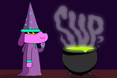 cartoon dog witch/wizard waving a wand over a cauldron of green ooze, the word "Sup?" appears in smoke rising off the cauldron