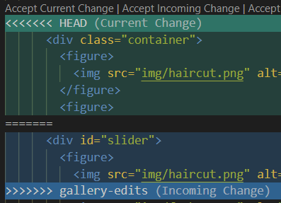 A screenshot of conflict markers around my conflicting code in the VS Code editor