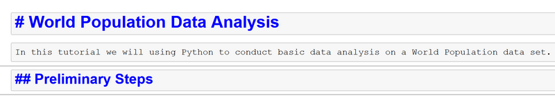 Heading levels in Jupyter Notebook as demonstrated by # signs leading each line of text