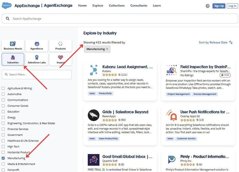 Industry section on AppExchange