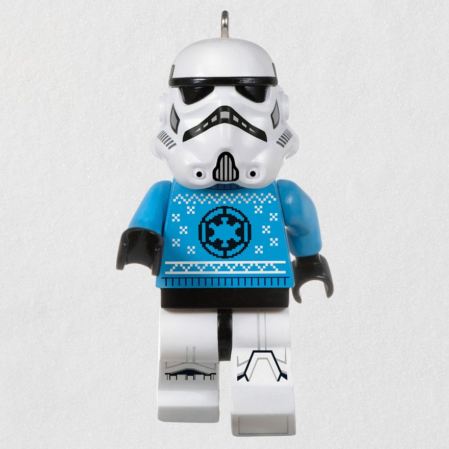 LEGO Stormtrooper wearing<br>
 a blue sweater. The sweater has the imperial crest on it