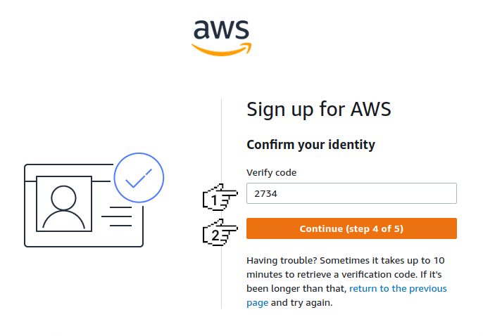 Amazon Cognito - Sign up for AWS (continue step 4 of 5)