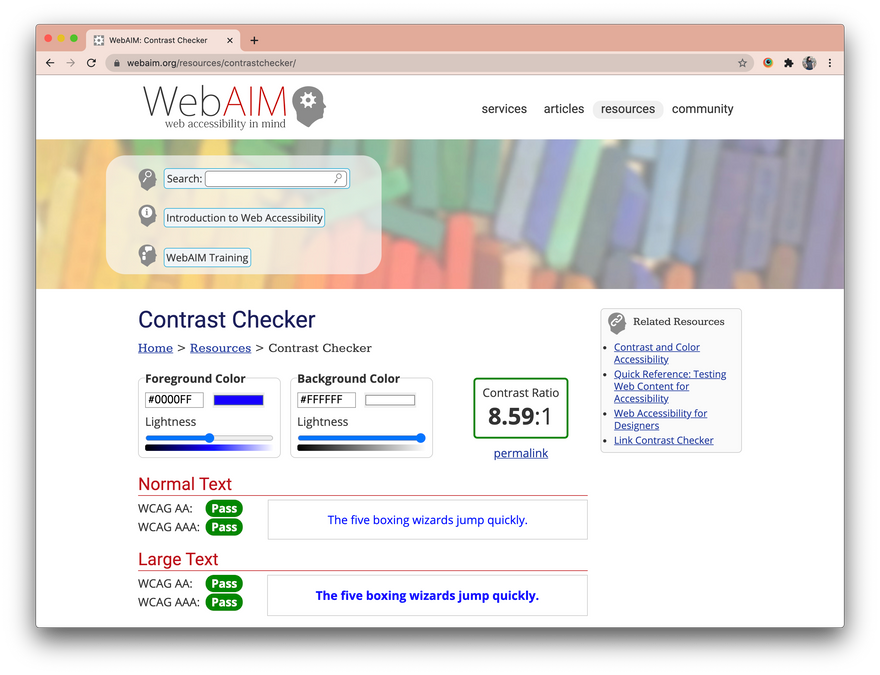 A screenshot of the WebAIM Contrast Checker in action. It shows the overall contrast ratio of two colors to the right of two inputs, and below that it shows whether the contrast passes level AA and AAA standards for both normal and large sized texts.