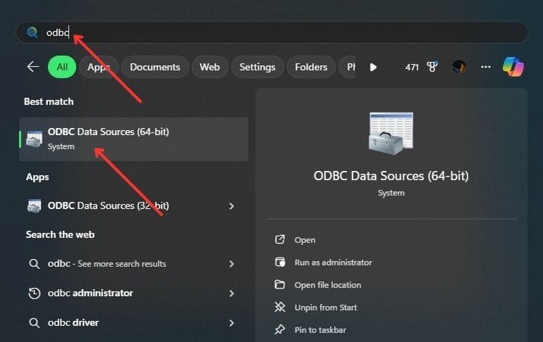 ODBC Data Sources Shortcut found with Windows Search
