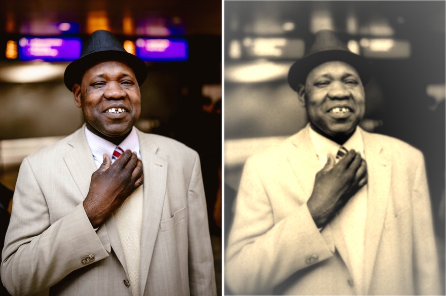 Same photo side by side, one looks modern the other one looks old-style, showing a Black man wearing a suit and hat