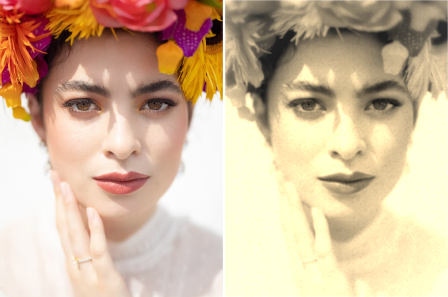 Same photo side by side, one looks modern the other one looks old-style, showing a white woman wearing a flower crown and touching her face with her hand