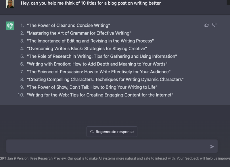 My prompt for blog post titles and ChatGPT's response