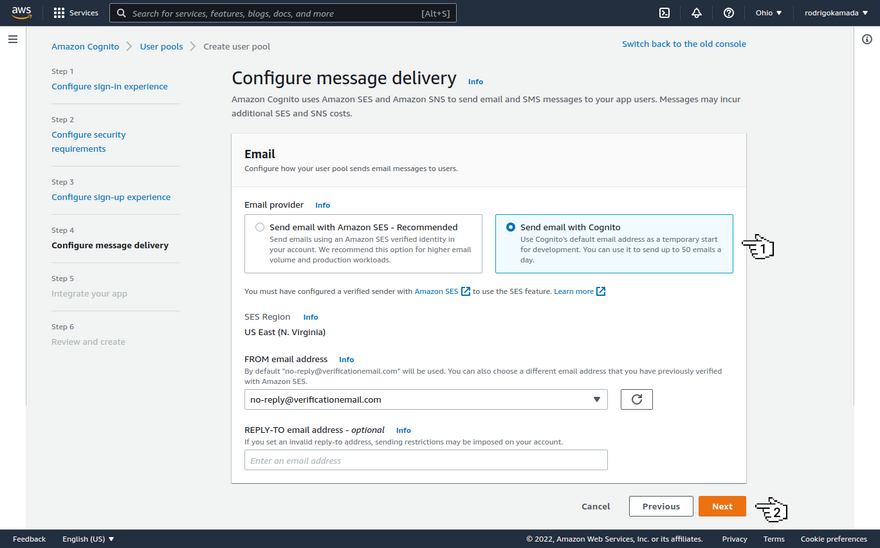Amazon Cognito - Configure message delivery