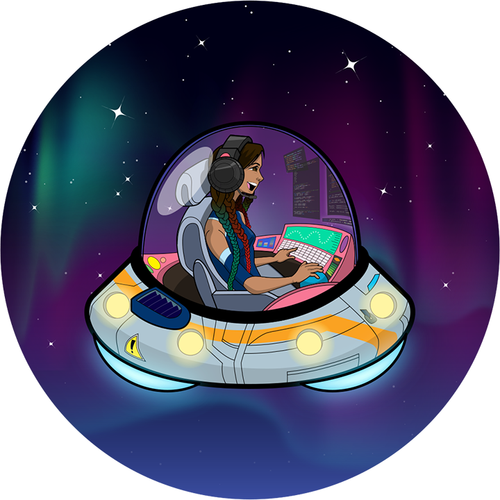 My avatar of me driving a Marvin-the-Martian style ship using code