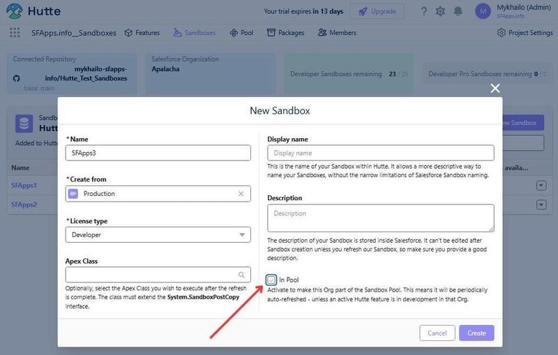 The process of creating a new Sandbox in the Hutte interface
