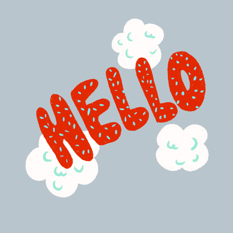 The word "HELLO" in flashing red, blue, and yellow on a grey background with white clouds around it