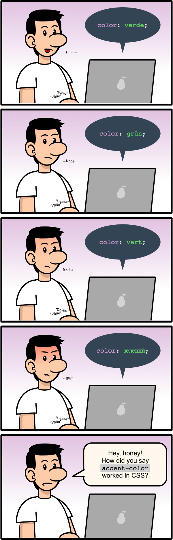 Comic strip with 5 panels showing a white man getting angrier and angrier while updating the color value on CSS to green written in Spanish, German, French, and Ukranian. In the final panel he asks 'Hey, honey! How did you say accent-color worked in CSS?'