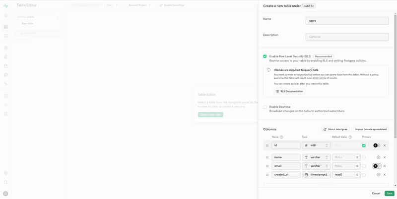 Create a table using the Supabase table editor