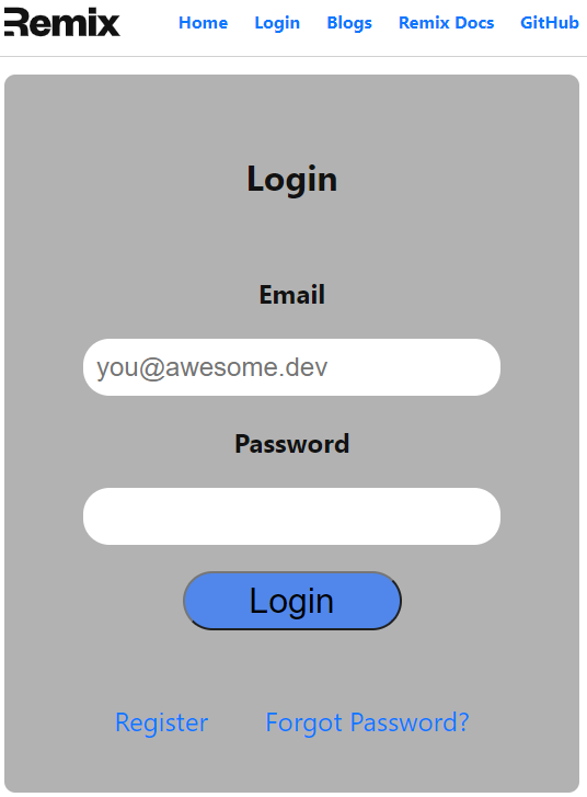 The styled login page with dark grey background, rounded input methods and blue rounded button.