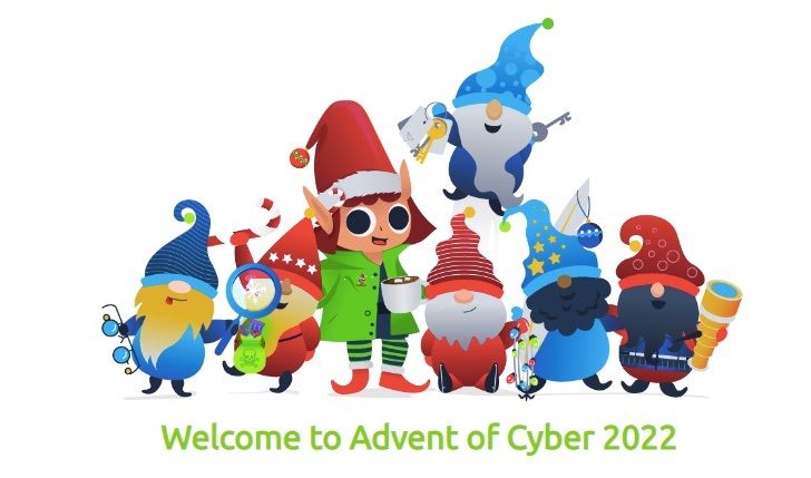 Group of Christmas Elves. Many are holding keys, spy glasses, and magnifying glasses. Text read welcome to the advent of cyber.