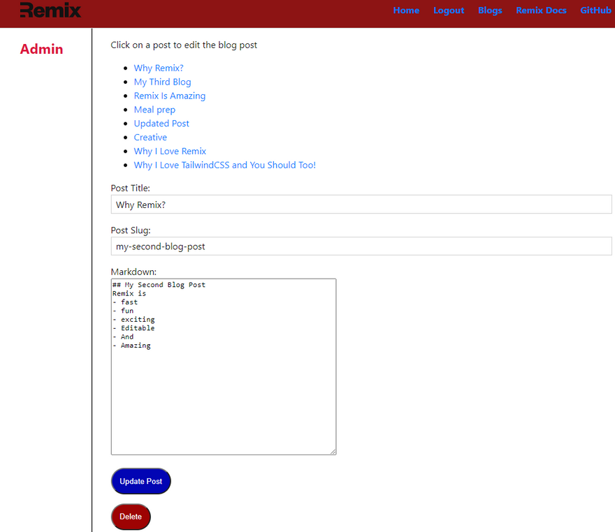 The styled admin page with red header, the list of blogs, fields to update the blog, blue update button and red delete button. 