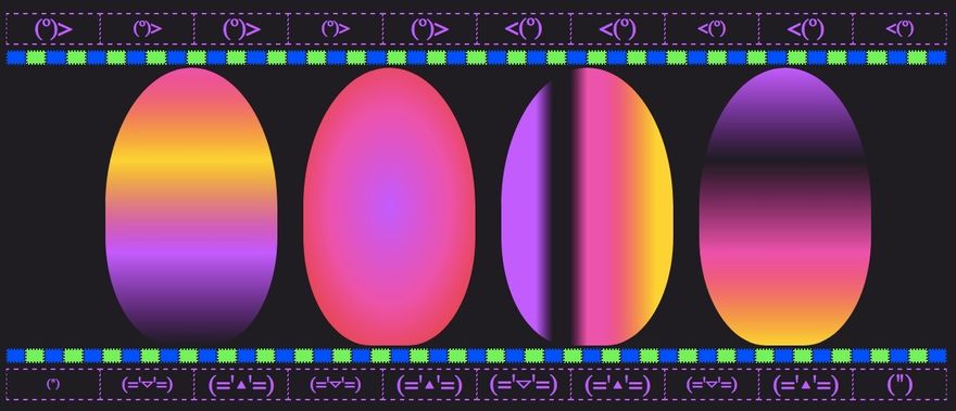 four colorful eggs. baby chickens and bunnies drawn with symbols.