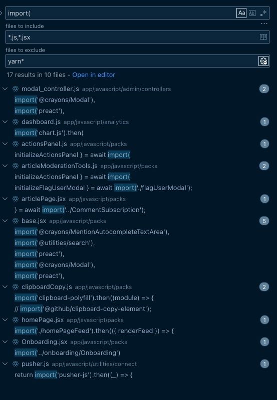 Search results in VS Code in the Forem codebase searching for import(