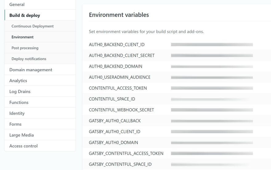 Screenshot, defining environment variables in Netlify