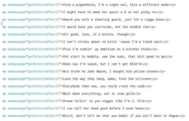 A screenshot of how I'm representing Drake's verse in HTML