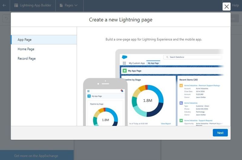 Lightning App Builder Beginning of creating a New Lightning Page
