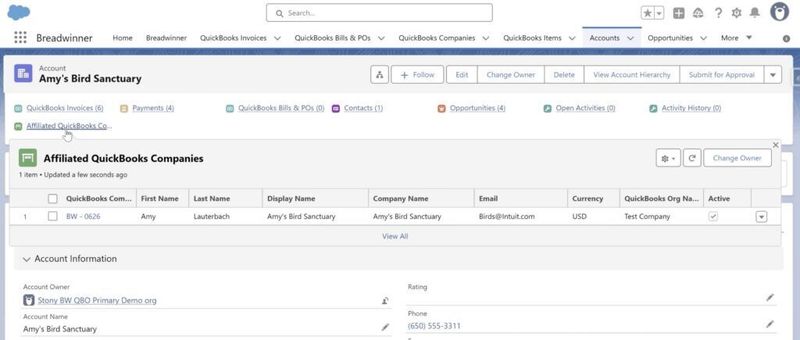 Affiliated QuickBooks Companies on Salesforce Account