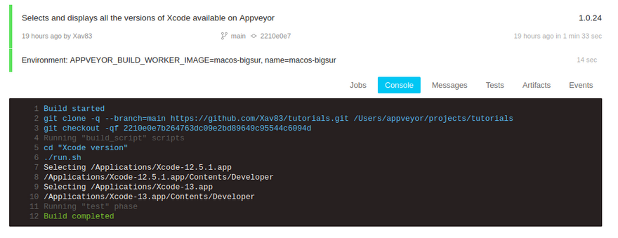Xcode job detail in Appveyor