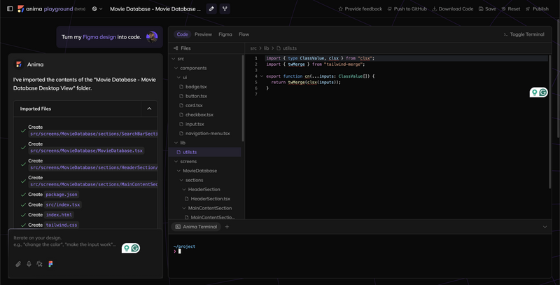 Anima platform converting the design to code