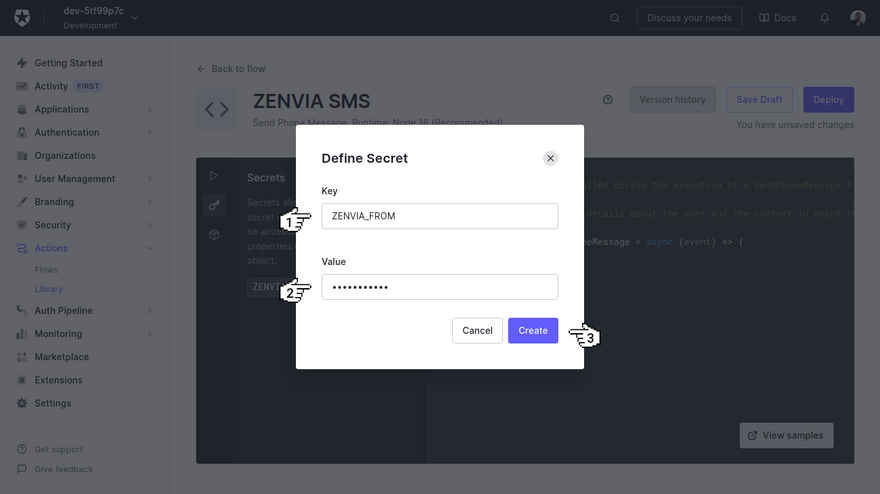 Auth0 - ZENVIA_FROM secret