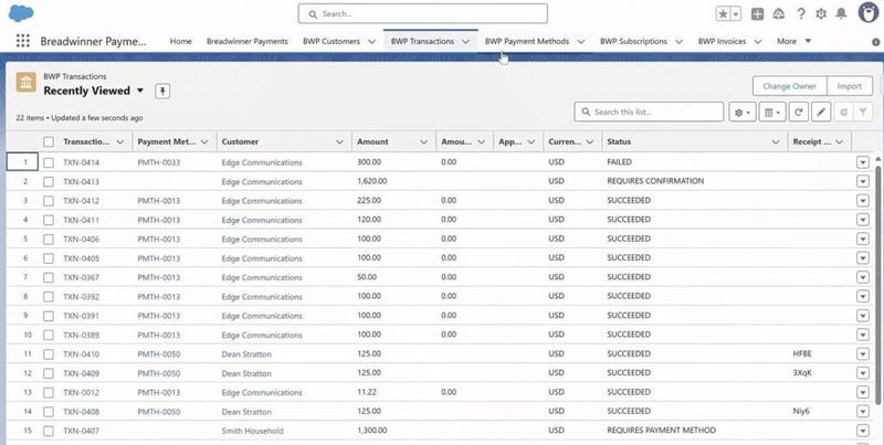 Breadwinner Payments imported transactions inside Salesforce